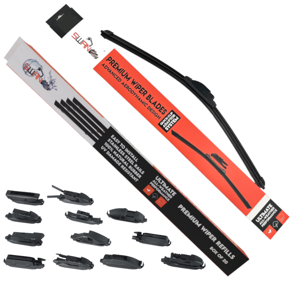 A picture of a wiper blade with packaging as well as wiper blade adaptors